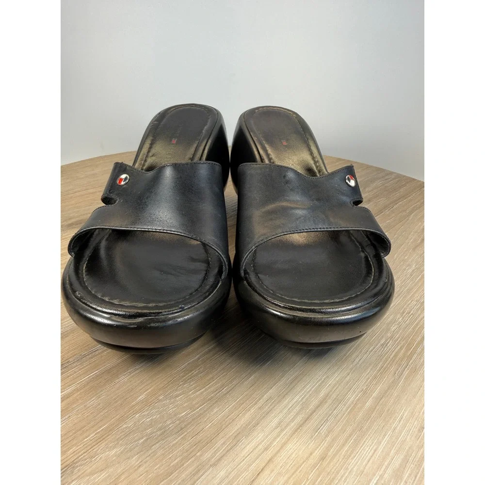 Tommy Hilfiger Women 8.5 Wedge Slide Sandals Black Leather Platform Y2K 90s Chic